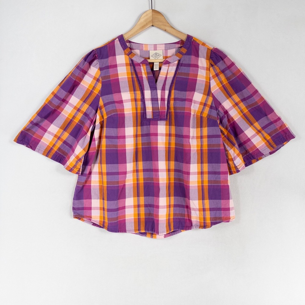 St. John's Bay Top Blouse Sz Large Multicolor Plaid Popover Cotton Preppy Casual